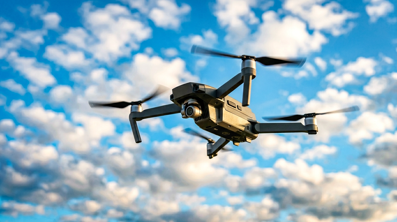 Consumer drone in flight against a blue sky